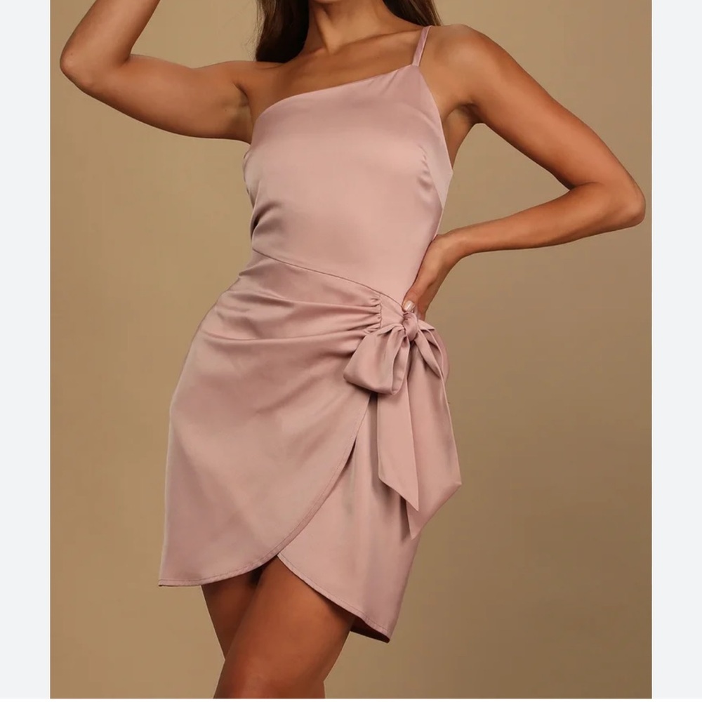 Meant to Be Together Dusty Pink Satin One-Shoulder Mini Dress wedding guest
